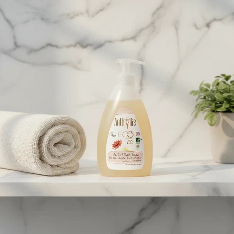 płyn do higieny intymnej baby anthyllis delikatny i ekologiczny na tle marmurowej łazienki, obok miękkiego ręcznika