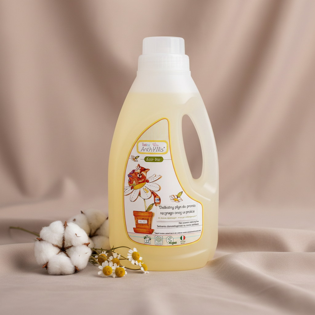 ekologiczny delikatny płyn do prania bielizny i ubranek dziecięcych Baby Anthyllis na jasnobeżowym tle